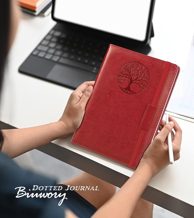 Biuwory Dotted Journal Notebook for Women Men, 160 Pages Hardcover Dot Grid Notebooks for Work, School & Travel, Leather Journals for Writing, Bullet Journaling 5.7"×8.3" (Winered)