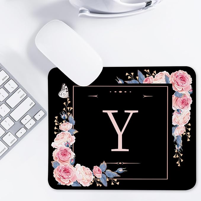 Letter Y Black and Pink Flowers Square Mouse Pad, Mouse Pad with Stitched Edge and Non-Slip Rubber Base,Mouse Mat,Home Office Decor Desk Accessories,9.4x7.8x0.12 inch Square Mouse Pad