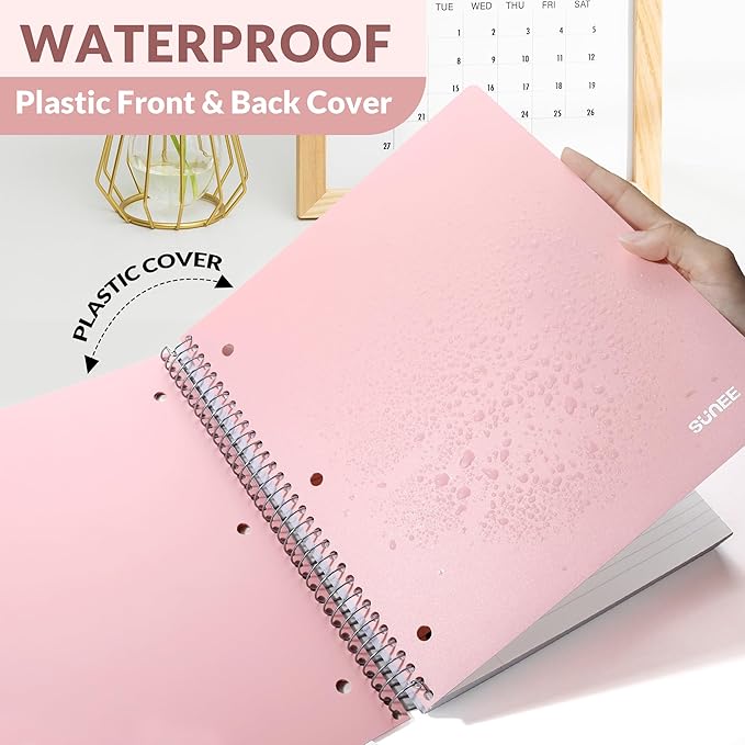 SUNEE 5 Subject Notebook College Ruled - 400 Pages, 9"x11", 5 Pocket Colored Dividers, 3-Hole Punched Paper, Pink