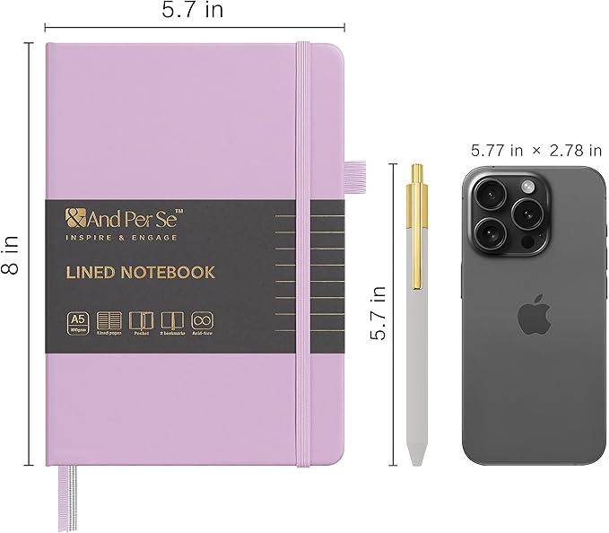 &And Per Se Lined Journal and Pen Set, A5 Leather Hardcover Notebook with Pen & Stationary Set, 160 Pages Journal for Business Work Writing, Valentine's Day Gift Set for her (Purple, Gift Set)