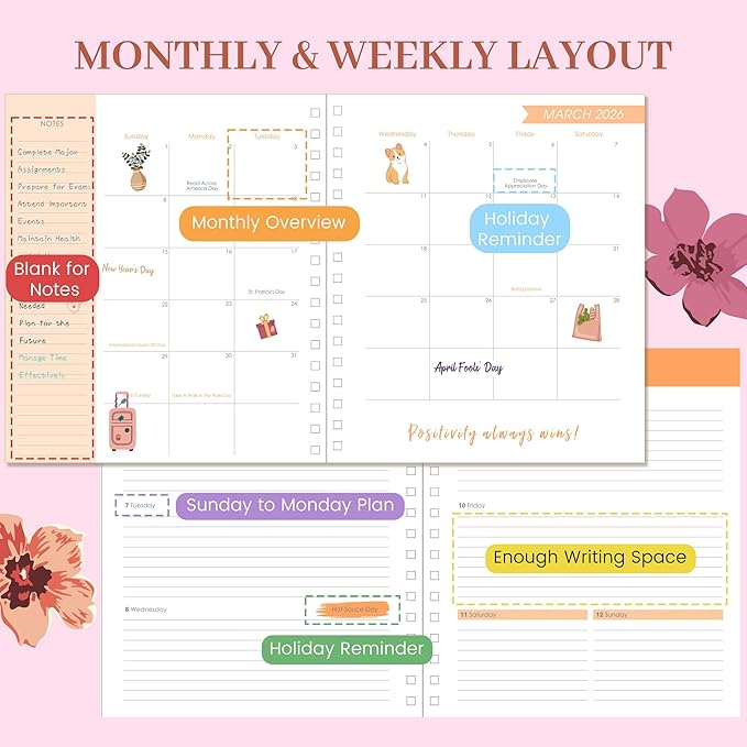 CAGIE 2026 Planner Weekly and Monthly Dec 2025-Dec 2026 Hardcover Calendar Planners with Stickers& Month Tabs for Women Spiral Bound 26 Yearly Agenda, 8.3"x9.1", Pink Floral