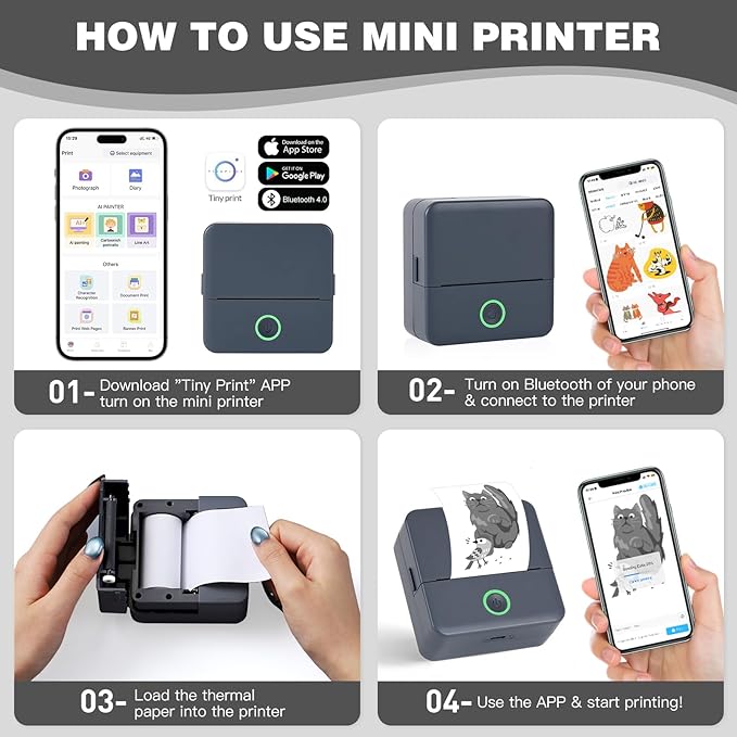 cudinham Print Pods Mini Printer, Sticker Printer with 10 Rolls Thermal Printing Paper, Inkless Pocket Printpod for Phone, Impresora Portátil for Notes, DIY, Compatible with iOS & Android (Grey)