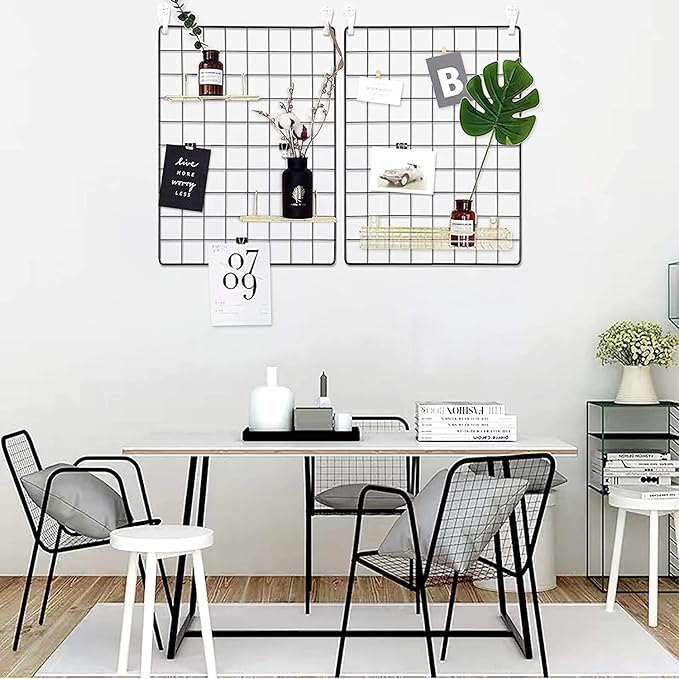 C&AHOME Photo Wall Grid Panel Set of 2, Decor Grid Panel, Photo Display Shelves, Hooks, Clips, Hemp Cord, Hammer, 15.7" 11.8", Black UWWGM3402B