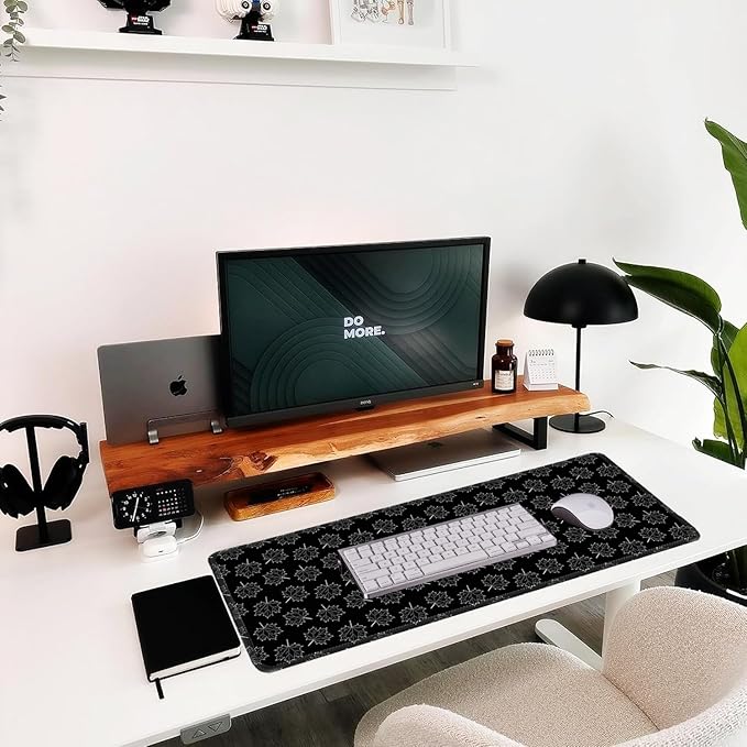 Black Maple Leafs Mouse pad 31.5×11.8in Suitable for Office Laptop Keyboard Desk mat, with Sewn Edges, Anti-Slip microwoven Fabric (Black Geometric Pattern)