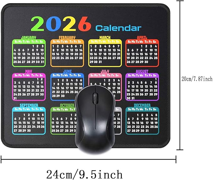 Calendar Mouse Pad 9.5 X 7.8 in, Mouse Pads with Stitched Edges and Non-Slip Rubber Base, Home Office Desk Decor Accessories for Computer Laptop Work Gaming (Black 2026)