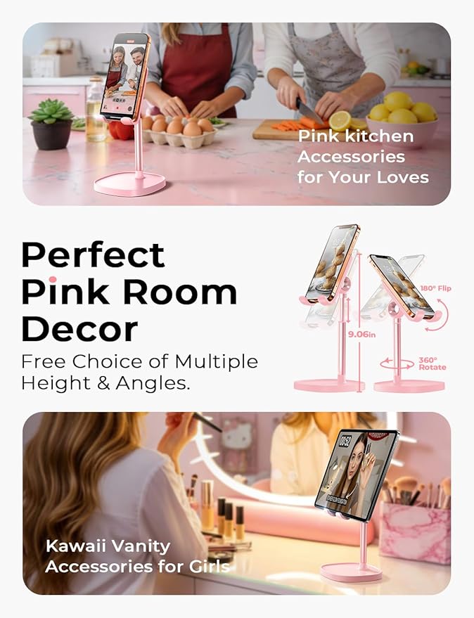 LISEN Pink Gifts Home Room Decor, Cute Phone Stand Desk Accessories for Women Office Supplies, Pink Kitchen Decor for iPhone Women Teen Girls Kawaii Essentials Vanity Decor Fits Switch iPad 4-10in