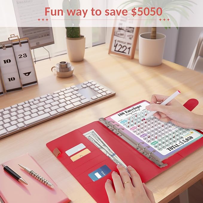 Sooez 100 Envelope Savings Challenge Book with 100 Pocket Pre-Numbered & Reusable Laminated Tracker