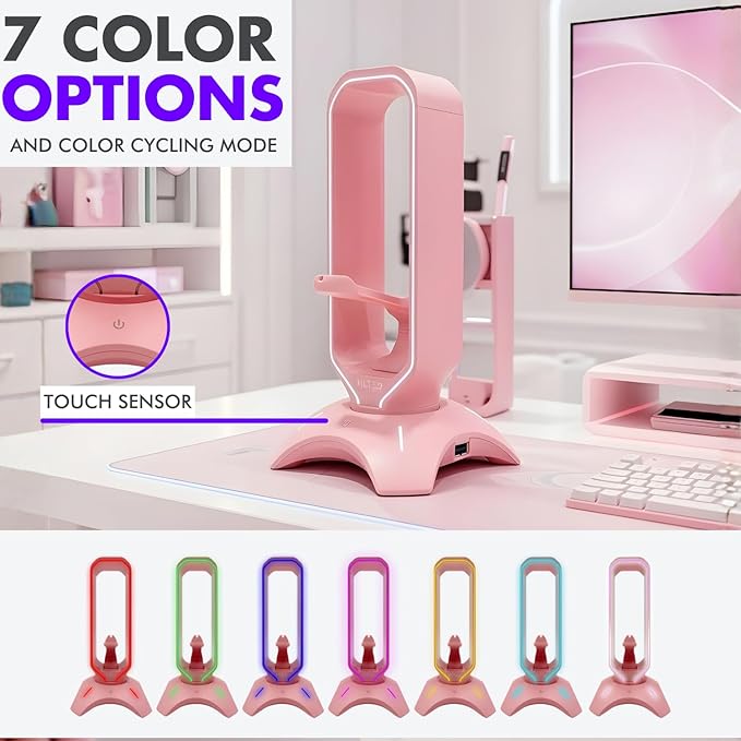 Tilted Nation Cute Headphone Stand Pink | Headset Stand with RGB, Mouse Bungee Holder, and 2 Port USB Hub Charger - Desk Gaming Accessories