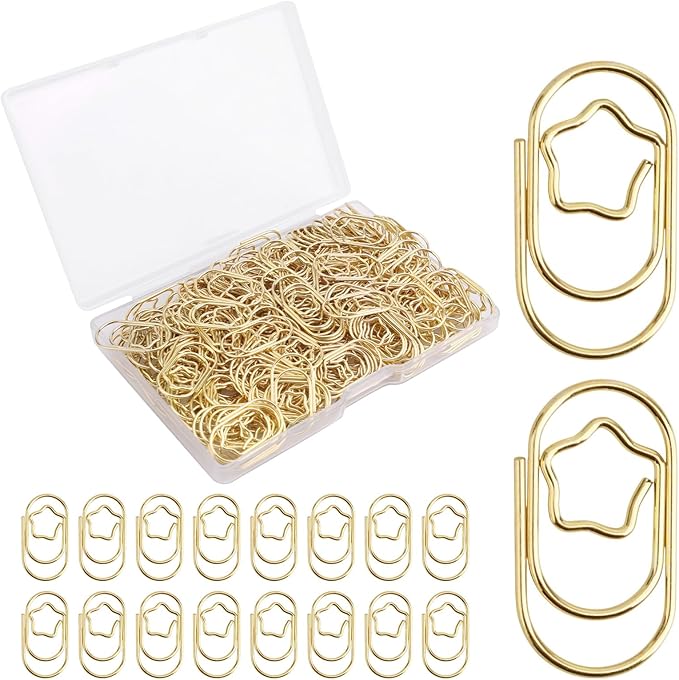 200pcs Star Shaped Paperclips, Gold Small Fancy Decorative Paper Clips Products Cute Star Binder Clips Practical Office Supplies for School Home Desk Organizers Wedding Decorations