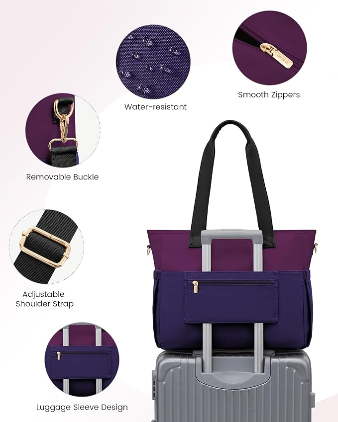 LOVEVOOK Laptop Bag for Women 15.6 Inch Canvas Laptop Large Capacity Work Bags Mutiple Pockets Teacher Bag Water Resistant Computer Bags for Business Travel Nurse, Dark Purple-Black