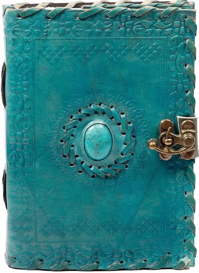 TUZECH Leather Journal Large Writing Notebook Handmade Bound Vintage Journal For Women & Men with Lock/Semi-Precious Stone Gift For Art Sketchbook (7 x 5 Inches)