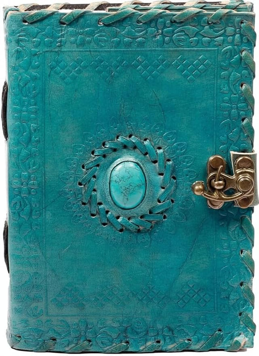 TUZECH Leather Journal Large Writing Notebook Handmade Bound Vintage Journal For Women & Men with Lock/Semi-Precious Stone Gift For Art Sketchbook (7 x 5 Inches)