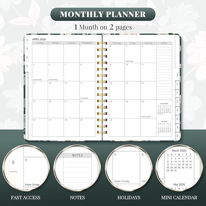 2026 Planner, A5 Weekly and Monthly Planners with Tabs, Spiral Bound Daily Calendar 2026 Planner, Agenda Organizers from Jan. to Dec., Hardcover Habit Tracker Journal 6.18" x 8.5" (Green Flower)