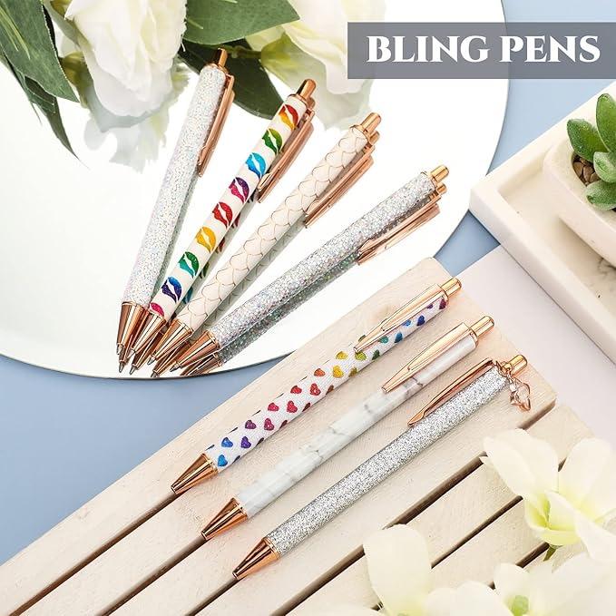 Sherr 7 Pcs Fancy Pens for Women Cute Sparkly Glitter Pens with 10 Pcs Black Ink Refills Pretty Gifts for Girls Office School Christmas Graduation(Novel)