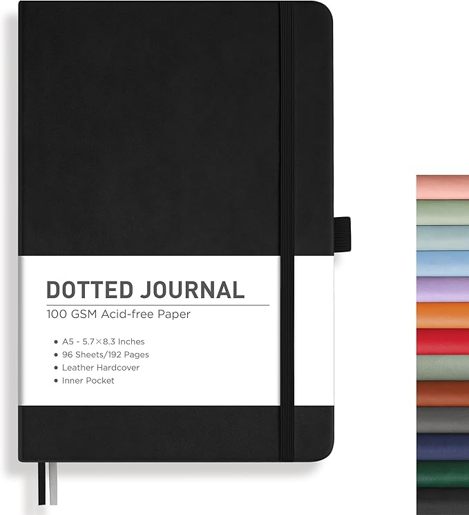 RETTACY Dotted Journal Notebook, 192 Pages, A5 Medium Size (5.7'' x 8.3''), Leather Hardcover, 100 GSM Thick Paper, for Bullet Journaling, Planning, Tracking (Black)