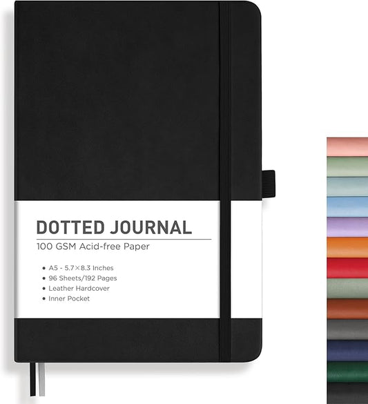 RETTACY Dotted Journal Notebook, 192 Pages, A5 Medium Size (5.7'' x 8.3''), Leather Hardcover, 100 GSM Thick Paper, for Bullet Journaling, Planning, Tracking (Black)