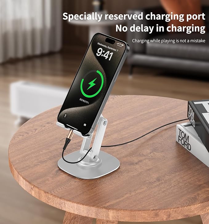 360° Degree Rotating Mobile Phone Holder,Fully Adjustable Foldable Desktop Phone Holder Stand Base,Foldable Desktop Cell Phone Stands for iPhone17 16 15 Pro Xr Xs Max X Plus iPad Samsung (K69-White)