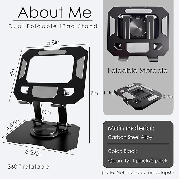 2 Pack Tablet Stand for iPad, 360° Rotating Desktop Holder, Carbon Steel Adjustable Foldable Desk Holder, for iPad Pro Air Samsung, for 4" -13" Tablets, Portable Home/Office, Upgraded - Black