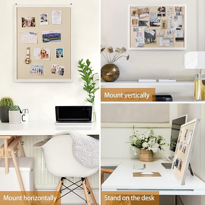 Miratino Large Bulletin Board 23x18 inch with Linen Cork Boards Wall Decor Hanging Pin Wood Framed Display Bulletin Cork Photo Picture Board Light for Room School Office 20-Pushpin Vintage White