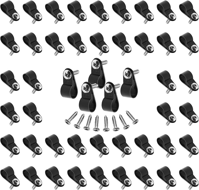 60pcs 1/2 Inch Nylon Cable Clamps, R-Type Wire Cable Clips with M4 Screws, Screw Mounting Cord Fastener Wire Conduit Clamp for Wire Management (Black)