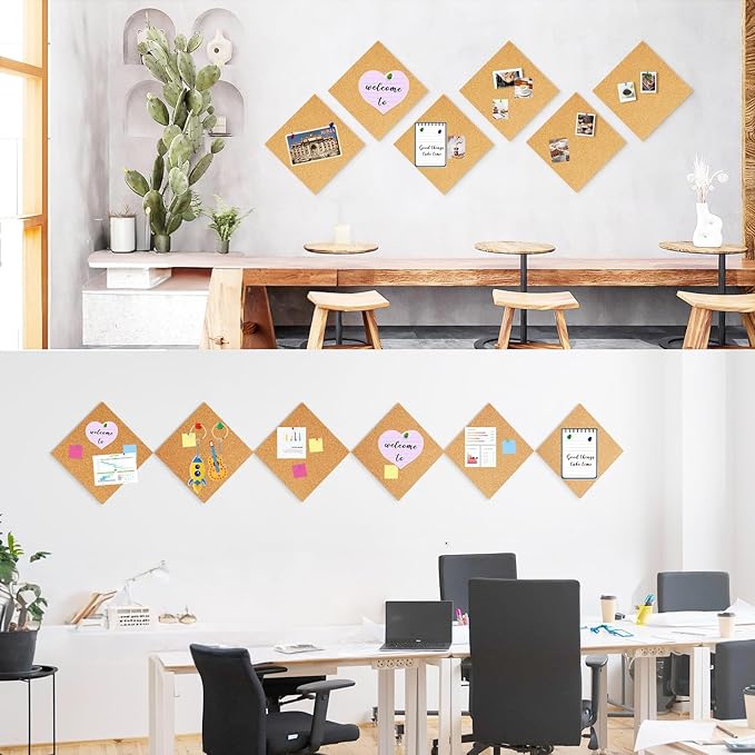 Cork Square Board for Walls, 4 Packs 12"x12" 1/4" Thick Cork Bulletin Board Self Adhesive Cork Board Tiles with 50 Pushpins for Home Office Kitchen School (4, 12 * 12 inch)