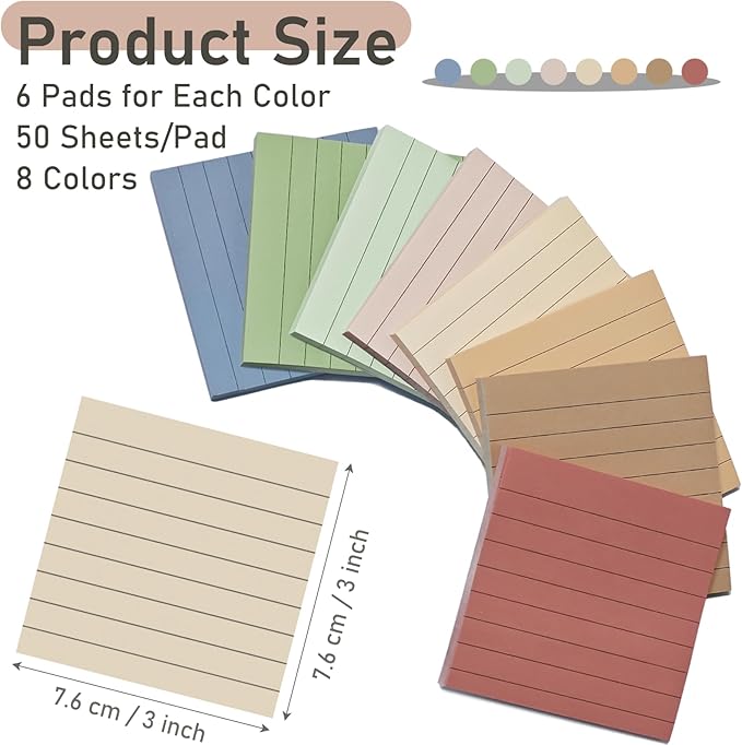 48 Pack Lined Sticky Notes 3x3 in, 8 Colors Self Sticky Notes with Lines, Post Stickies Colorful Sticky Memo Note Pads for School and Office Supplies, Morandi