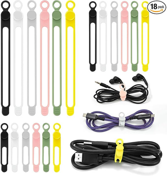Silicone Cable Ties Reusable, Elastic Wire Organizer Ties, for Charging Cables, Electrical Cords, Computer Wires, USB Data Cable Management, Cord Organizer (6 Colors, 3 Sizes)