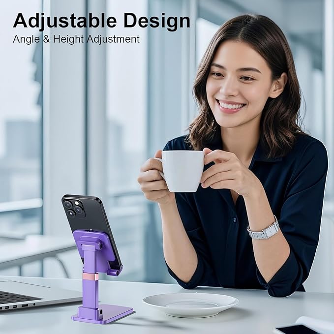 Phone Stand for Desk, Cell Phone Holder Adjustable Cellphone Stand for Desk Height Angle Adjustable Stands, Anti-Slip Base, Compact Design for iPhone Android Devices (Purple, 1Pack)