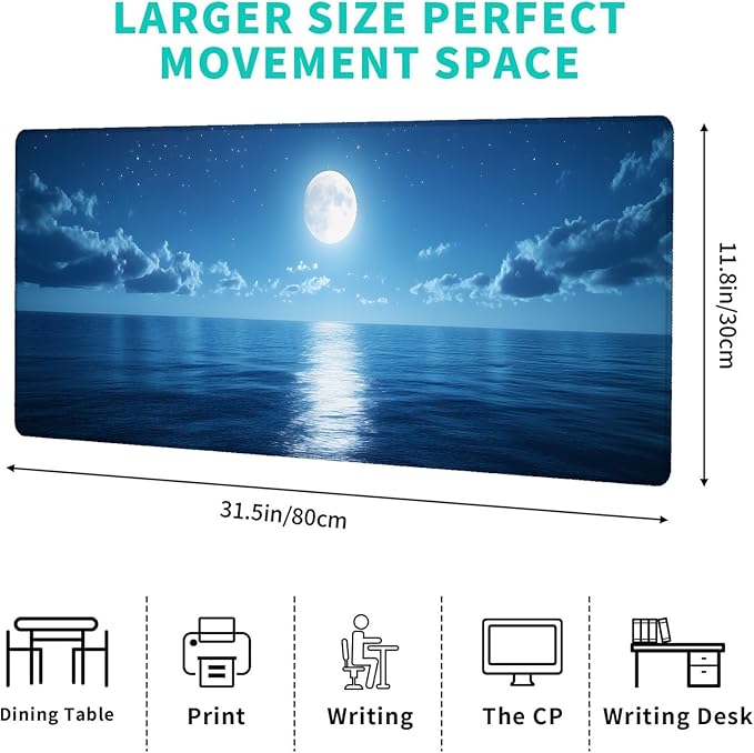 Moon Ocean Gaming Mouse Pad – 12x31.5in Non-Slip Rubber Desk Mat with Tranquil Full Moonlit Design – Large Extended Mousepad for Office Home – Deskmat Gifts for Nature Night Sky Lovers Decor