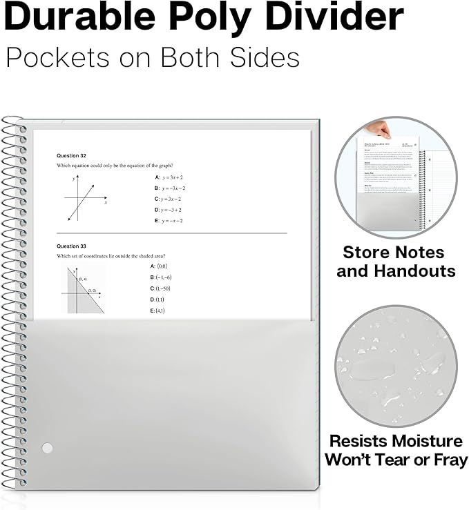 Dunwell 1-Subject Notebook College Ruled, (Blue) 100 Sheets (200 Pages), Perforated Paper, 3 Hole Punched, Spiral Notebook 8.5 x 11, Protective Plastic Cover, Divider with Pockets