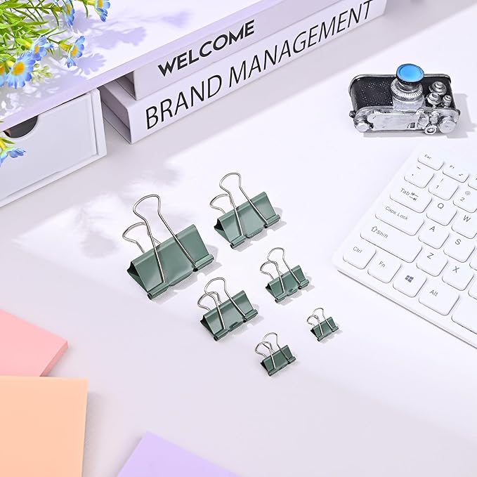 Temiary Aesthetic Binder Clips, 40 Pcs 0.75 Inches Small Metal Binder Clip with Clear Storage Container, Binding Paperwork Clamps for School Teachers Office Supplies (Green)