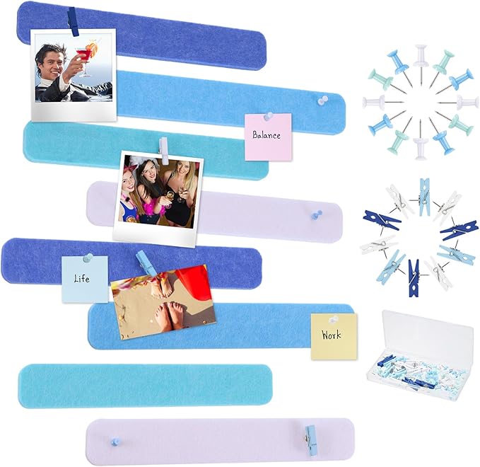 8 Pcs Felt Pin Board Bar Strips Bulletin Board 50 Pushpins and 10 Wooden Clip Pins Self Adhesive Cork Boards for Offices Home Wall Display Photos, Paste Notes, Schedules (Blue)
