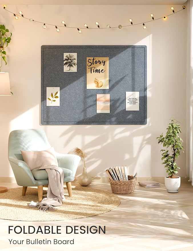 Fluxynara Large Bulletin Board, 47.2" x 35.4" Cork Board Alternative with 24 Safe Removable Adhesive Tabs, Foldable Felt Pin Board for Home Office, Classroom, Bedroom,Entryway for Walls— Blue Gray