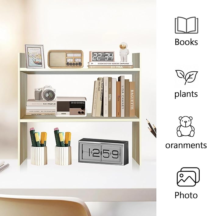 Wood Desk Organizer - Small Desk Shelf, 2 Tier Desktop Bookshelf for Workspace Organizers Dorm, White Desktop Shelf Organizer