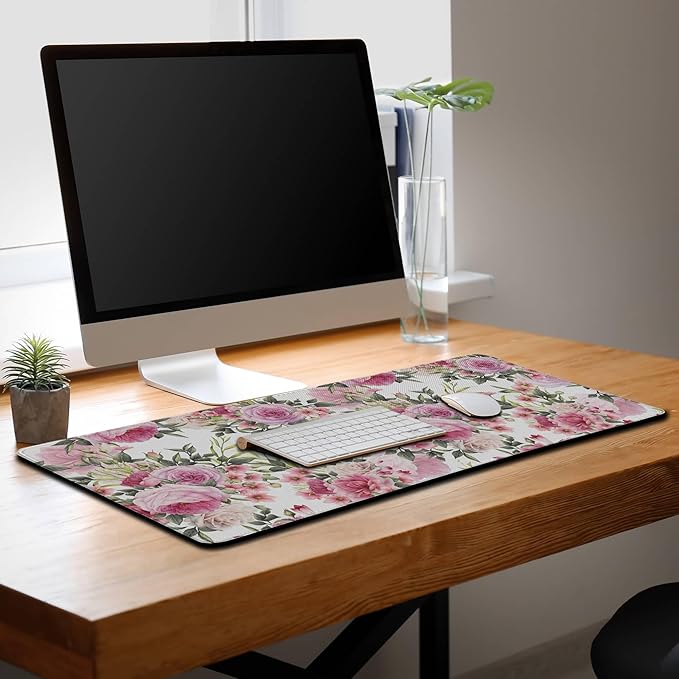 Keyboard Mouse Pad Pink Desk Mat for Women Extra Large Mouse Pads Office Accessories Gaming Mousepad Cool Mouse Pad Non-Slip Rubber Base 35.4" X 15.7" for Game Office, Roses Wreath