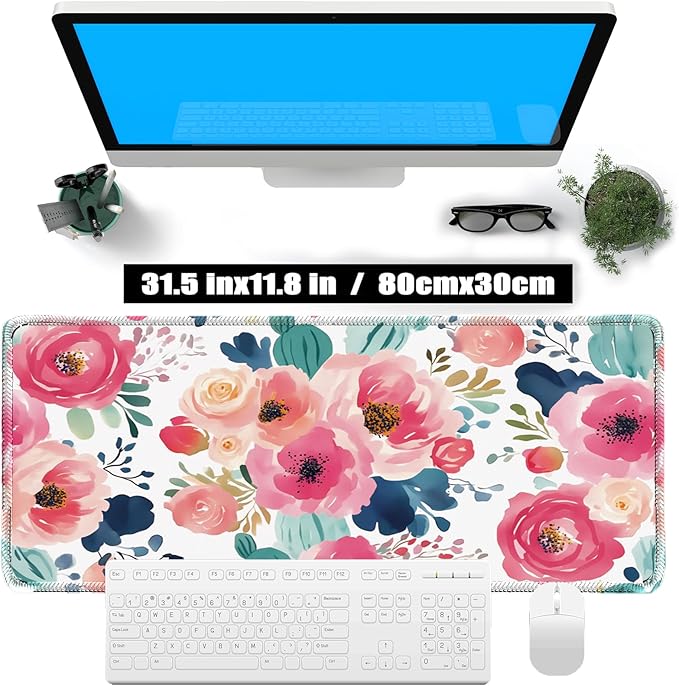 Pink Floral Mouse Pad 31.5x11.8 Inch, Women Girls Flowers Lager Desk mat with Non-Slip Base, Micro-Woven Fabric Stitched Edges for Office Computer Gaming