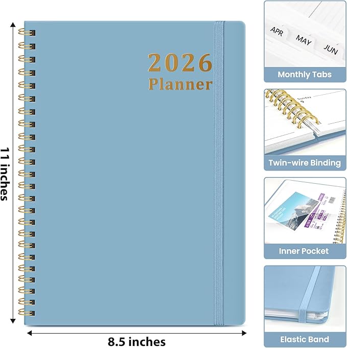 2026 Planner, Weekly and Monthly Calendar Planner, January 2026 - December 2026, Hardcover 2026 Calendar Book with Tabs For Women & Men, Inner Pocket, Spiral Bound, Perfect for Office Home School Supplies - A4 (8.5" x 11"), Blue