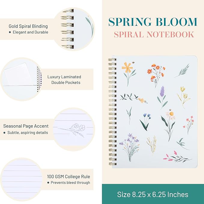 Happy Hoos® Aesthetic Spiral Notebook - 6.25" x 8.25" College Ruled Journal Notebook - Hard Cover Writing Journal for Work, School, Travel, More - Floral Notebook 8 Seasonal Designs(Spring Bloom)