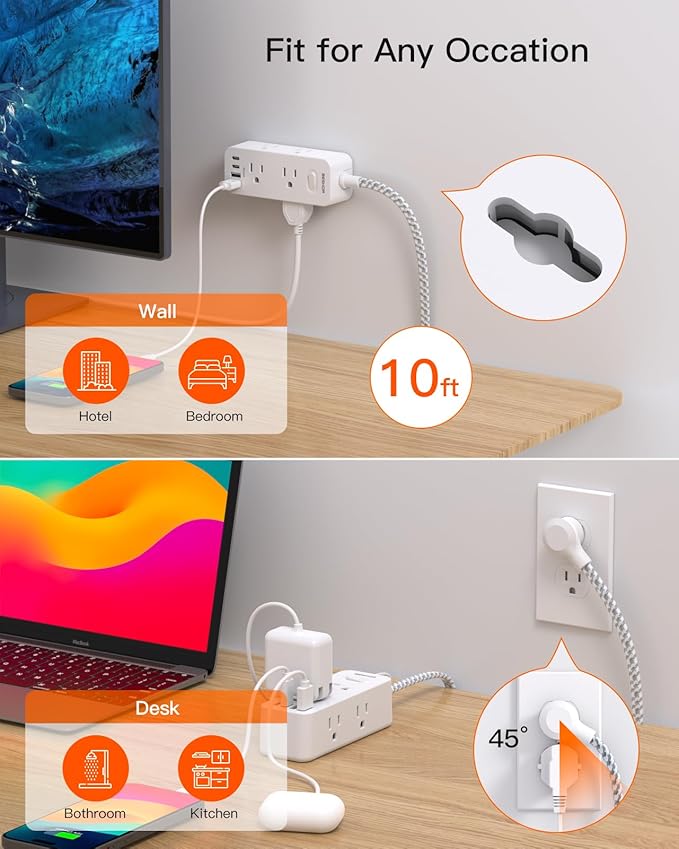 10 FT Extension Cord, Surge Protector Power Strip with 6 Widely AC Outlets 4 USB Ports(2 USB C),3-Side Outlet Extender, Flat Plug, Wall Mount for Home, Office,Travel and Dorm Essential