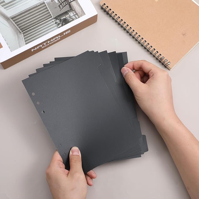 6 Pcs A5 Binder Dividers, 6 Holes Black Binder Divider Index with Tabs Insertable Plastic Index Divider Sheets for Binders Notebook Journal Diary Memo Notepad (Black)