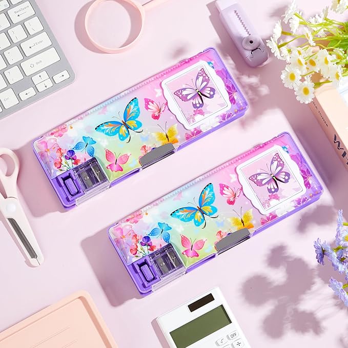 Henoyso Multifunctional Pencil Box for Girls Butterfly Pencil Case with Calculator and Sharpener Cool Cute Pencilcase School Supplies Essentials Christmas Birthday Gift Present for Kids Teens