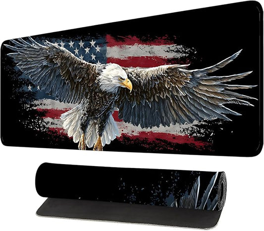 Desk Mat, XXL Extended Gaming Pad for Desktop, 31x12 Inches Patriotic Bald Eagle US Flag Design, Large Non-Slip Vegan Leather Surface with Stitched Edges, Keyboard Mouse Mat for Home Office