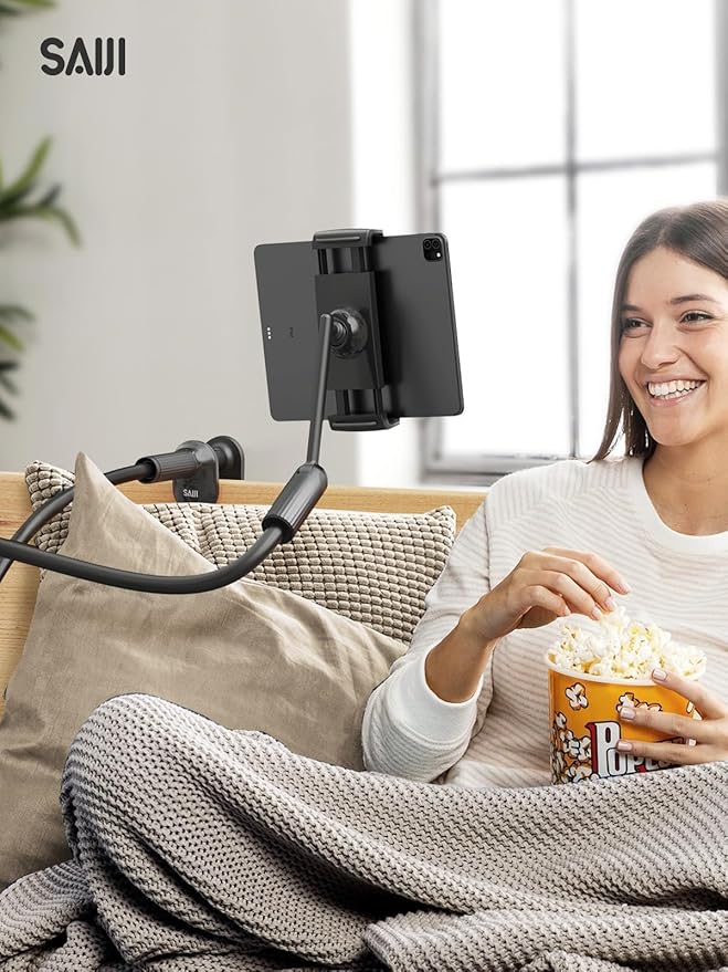 SAIJI 47" Gooseneck Kindle Holder, Tablet Holder for Bed with Upgraded Base, iPad Stand with Flexible Lazy Arm, Compatible with iPad mini Pro Air, Kindle, Galaxy or Other 4.7-11" Device (Black)