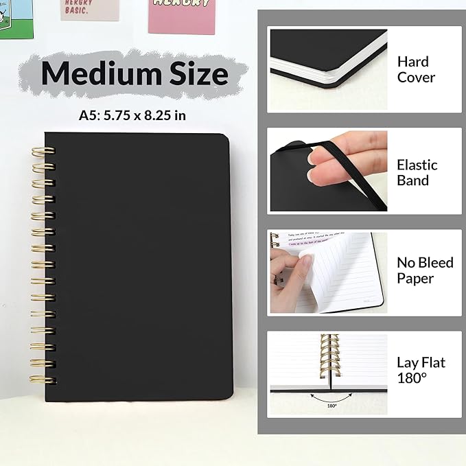 SUNEE Journaling Notebooks, A5 Lined Spiral Notebook for Women, 146 Pages College Ruled Hardcover Notebook for Work, Note Taking, Journaling and Office School Supplies, A5 -Black
