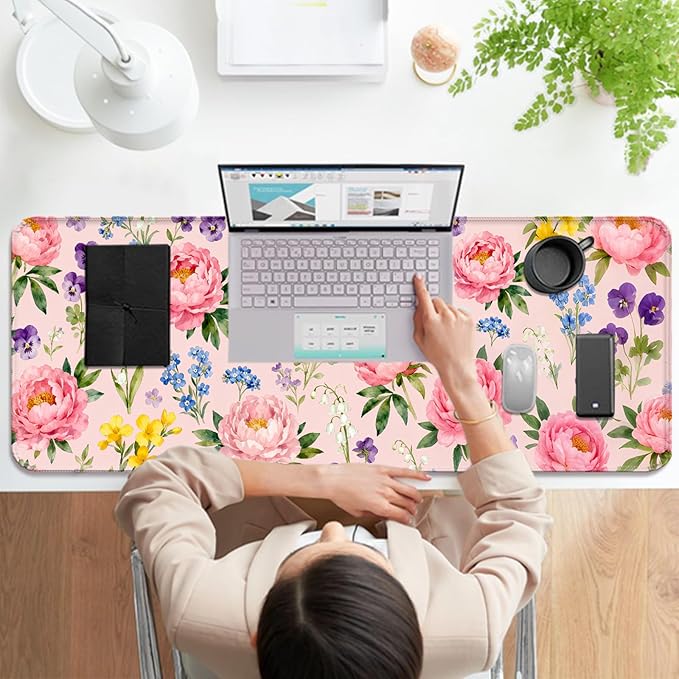 Pink Peony Flowers XL Large Desk Mat, Extended Long Pretty Floral Aesthetics Desk Pad for Gaming and Office, Non-Slip Rubber Base, Comfortable Surface Mouse Pad, 31.5x11.8 in (H12)