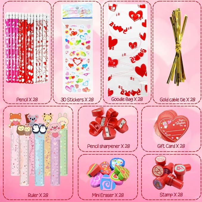 UMEELR 28 Pack Valentines Day Cards Stationery Set, Valentines Day Gifts with Pencil Cards Stamper Eraser Ruler Sharpener Gift Bag for Kids Valentine's Classroom Prize Valentine Gifts Exchange