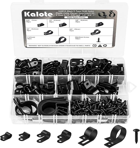 320PCS Black R Cable Clips-6 Sizes 3/16''1/4'' 3/8''1/2''3/4''1''-Premium PA66 Nylon | High Temp Resistant | Durable Wire Management Clamps Assortment Kit with Screws for Organizing Wires Cords