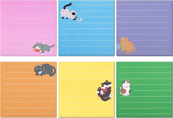12 Pack Cat Sticky Notes, 6 Colors Lined to Do List Notepads, 3 x 3in Cute Animal Self-Stick Notes with Lines for Office, School (480 Sheets)