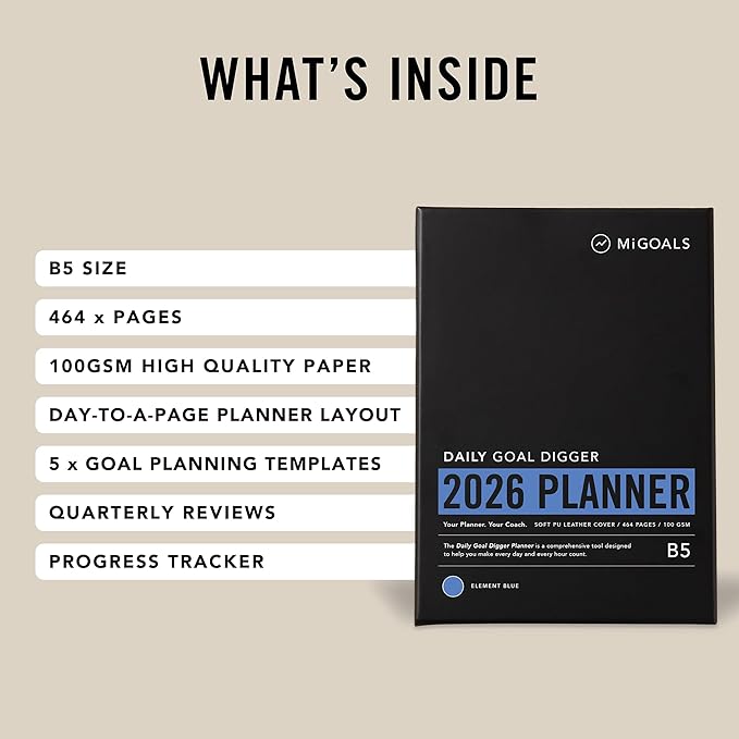 MI GOALS Goal Digger Daily Planner 2026 | Dated Journal for Gratitude, Progress & Habit Tracking | Day-To-A-Page B5 (Element Blue)