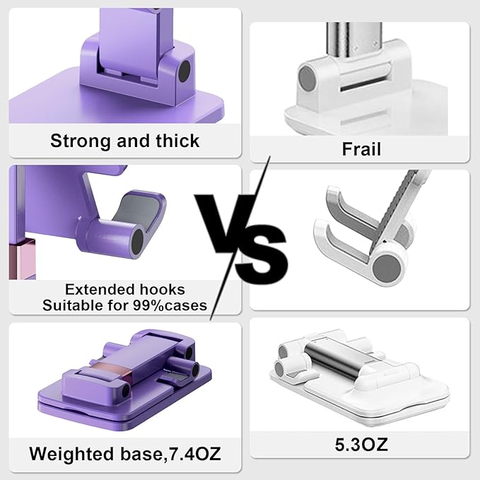 Phone Stand for Desk, Cell Phone Holder Adjustable Cellphone Stand for Desk Height Angle Adjustable Stands, Anti-Slip Base, Compact Design for iPhone Android Devices (Purple, 1Pack)